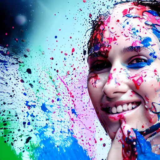 Image similar to potrait of a female model get splash with paint liquid , commercial ads