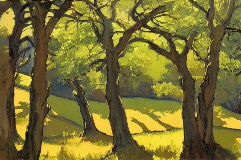 Image similar to masterpiece painting of oak trees on a hillside overlooking a creek, dramatic lighting, by john watkiss