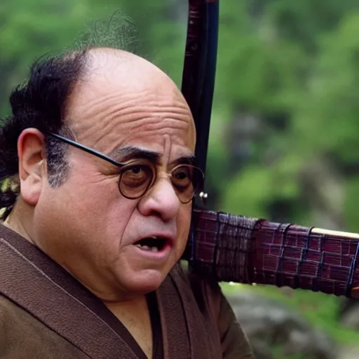 Prompt: cinematic shot of Danny Devito wearing samurai armor and holding a katana in a japanese village, 8k, highly intricate, highly detailed, depth of field, epic,