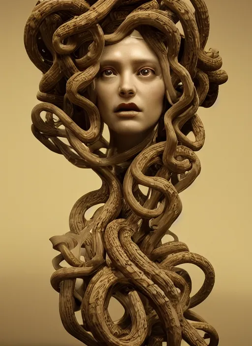 Prompt: medusa made of wax, wooden art nouveau swirls, strong subsurface scattering, cables, tubes, subsurface scattering, in the style of ruan jia and giger, subsurface scattering, mystical colors, rim light, dramatic lighting, 8 k, stunning scene, raytracing, octane render, trending on artstation