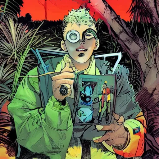 Image similar to Sergio Bleda and Jérémy Petiqueux and Alex Maleev artwork of a boy super scientist in a retro jungle space costume