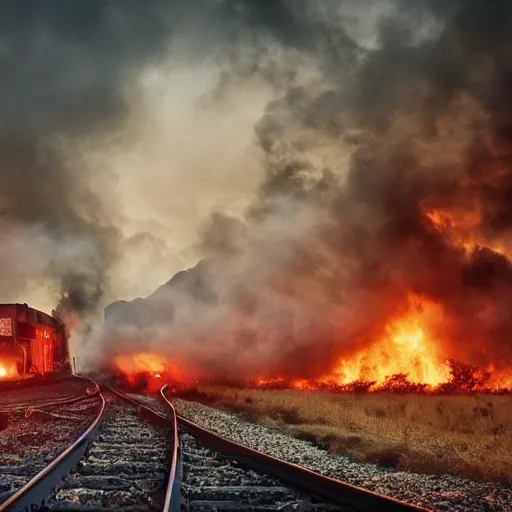 Image similar to trainwreck, boxcar on fire, atmospheric smoke and fog, post-apocalyptic, Cinematic, high detail