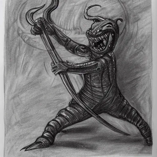 Prompt: a humanoid eel creature holding a swashbuckling sword in the style of a charcoal drawing