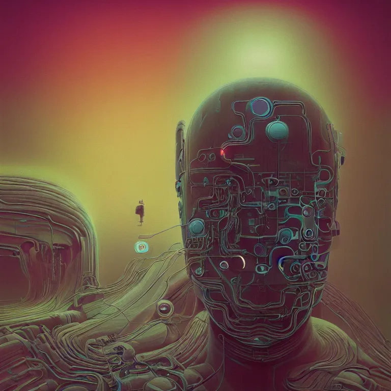 Prompt: futuristic album cover for Synthetic Android Intelligence and Microcircuitry by Zdzisław Beksiński and beeple, beautiful modern colors, ultradetailed, 4k ultra