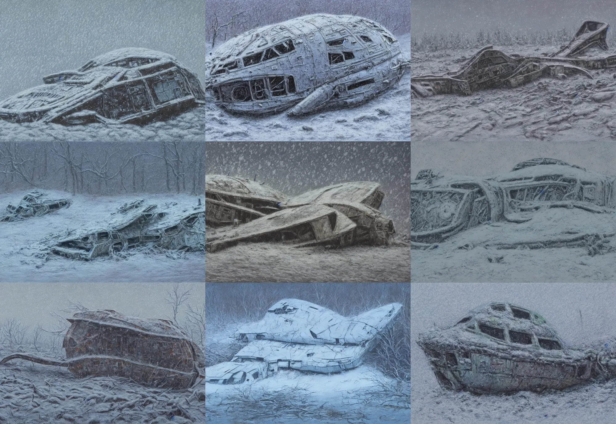 Prompt: detailed pastel painting of a crashed alien scout ship covered in snow in a extremely muddy swamp, dystopian world, 4 k