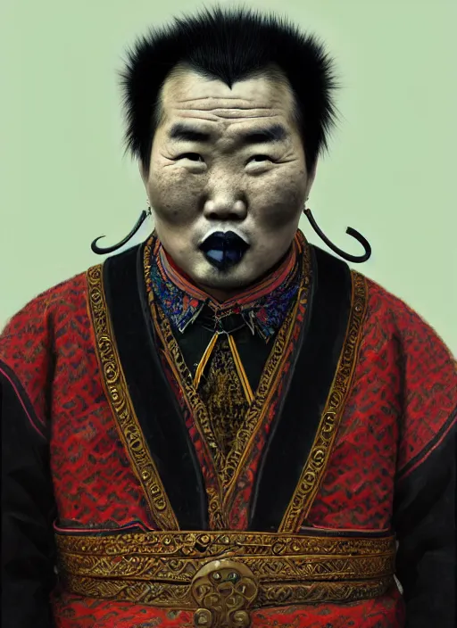 Image similar to portrait of a mongolian man with a crooked nose and a confident expression, 1 9 6 0 s, black clothes, goth, punk, brightly coloured hair, funk, intricate, elegant, highly detailed, digital painting, artstation, concept art, smooth, sharp focus, illustration, art by wlop, mars ravelo and greg rutkowski