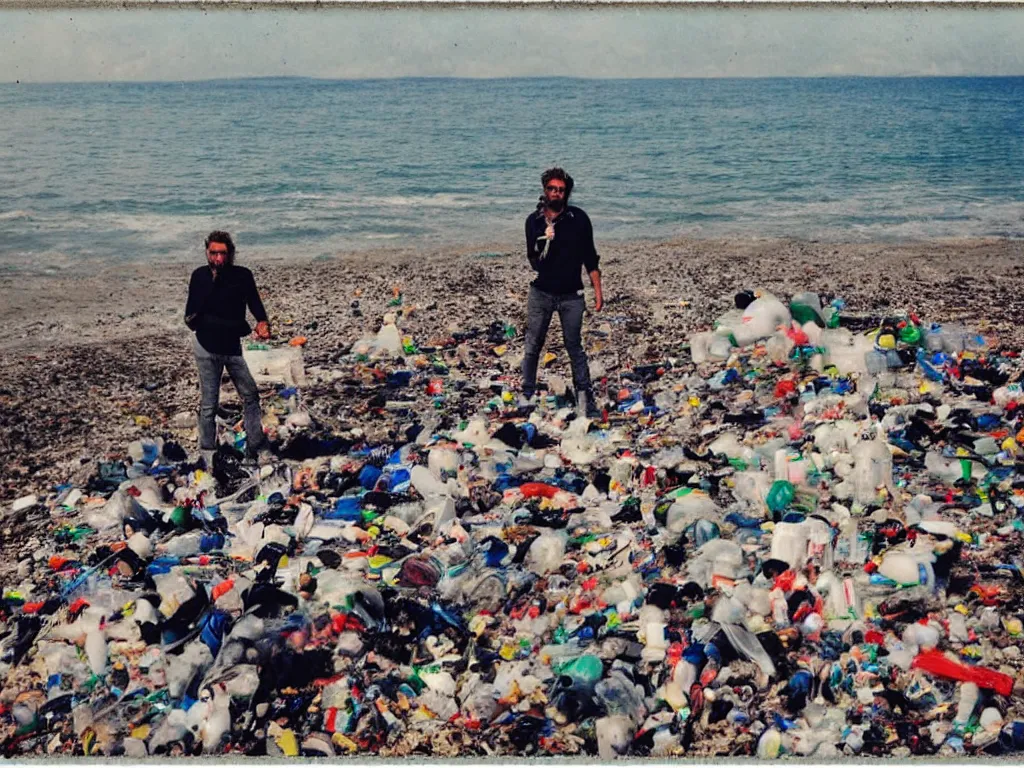 Image similar to jovanotti alone surrounded by plastic bottles and garbage on a beach near the adriatic sea, pollution, polaroid color photo, ultra realistic