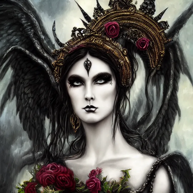 Prompt: perfectly centered close up portrait, candid photography, goddess of death, by anne stokes, updo, highly detailed, accurate