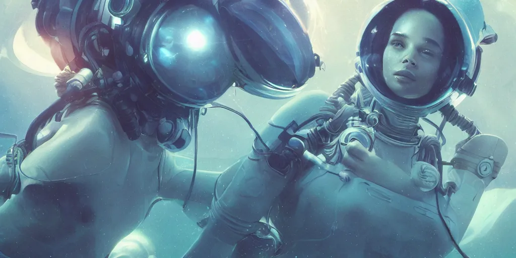 Image similar to Zoe Kravitz as a futuristic astronaut, underwater in the ocean at night, murky water, volumetric lighting, glowing lights, 4k, octane, digital painting, artstation, concept art, sharp focus, underwater photograph , art by artgerm and greg rutkowski and alphonse mucha , portrait,