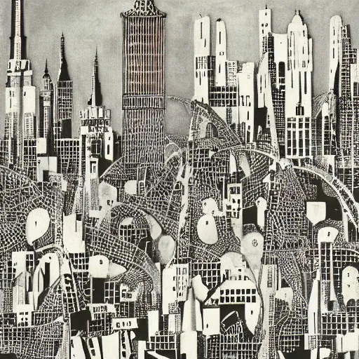 Image similar to by robert stivers, by faith ringgold curvaceous. a beautiful print of a cityscape with tall spires & delicate bridges.