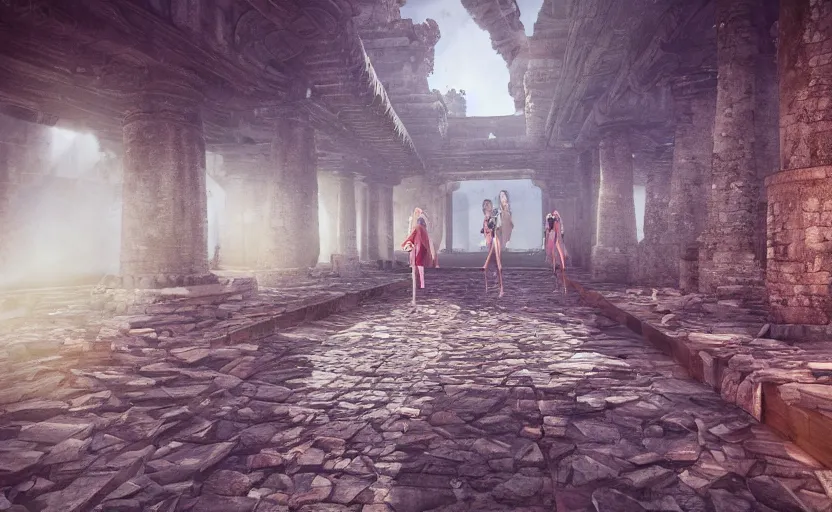 Image similar to Fashion Runway!, Catwalk!!, Platform on fantastic Maya Temple, Concept Art, Hyperdetailed, Rendering, Epic Lighting, Octane, Redshift, 4k