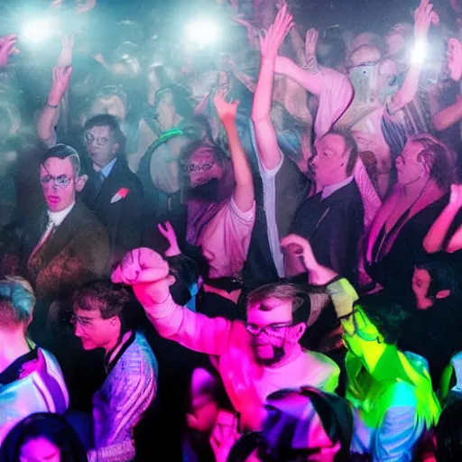 Image similar to jacob rees - mogg at a rave surrounded by dayglo ravers, dramatic angle