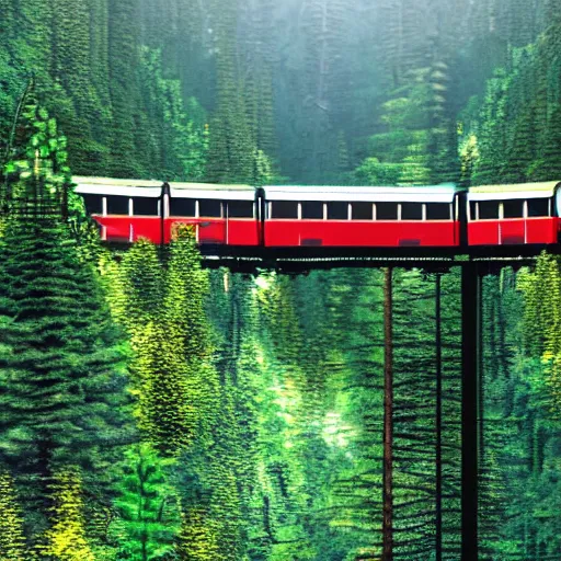 Prompt: a train travels through the mountains and forests,hyperrealistic