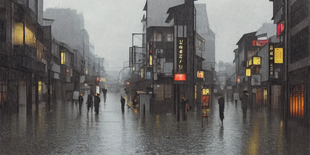 Prompt: a typical japanese city street in the rain, vermeer painting, dark academia aesthetic, matte painting, photorealistic, grey overcast day