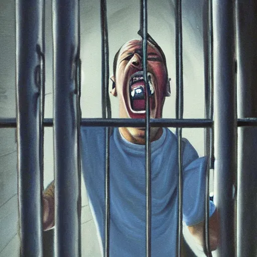 Prompt: a screaming prisoner holding prison bars, realism old oil painting