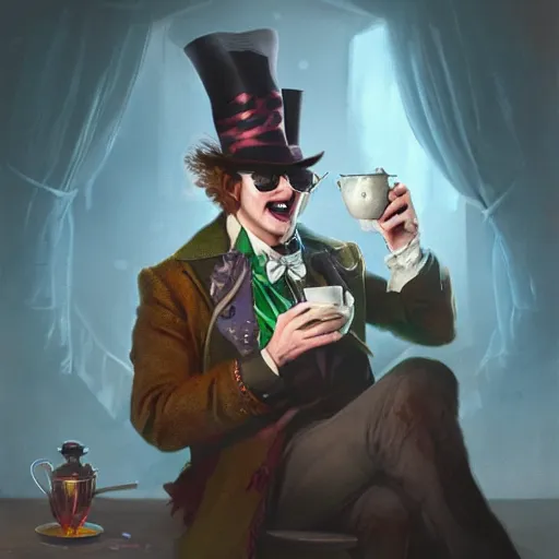 Image similar to the mad hatter, wearing shades, drinking tea, by Viktor Antonov,, greg rutkowski, fantasy, D&D, trending on artstation, smooth, sharp focus