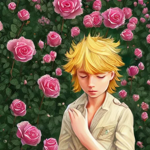 Image similar to the little prince standing in a garden of roses, blond hair, gorgeous, amazing, elegant, intricate, highly detailed, digital painting, artstation, concept art, sharp focus, illustration, art by corinna ice