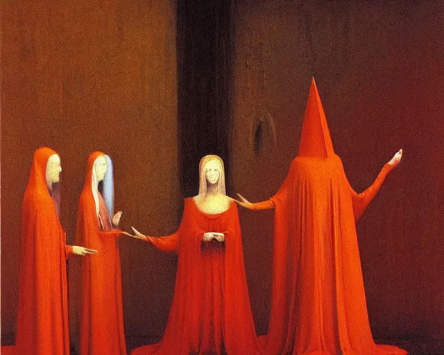 Image similar to devotion to the scarlet woman, priestess in a conical hat, coronation, ritual, sacrament, by francis bacon, beksinski, ( bosch ), mystical redscale photography, opulence, luxury, maximalism.