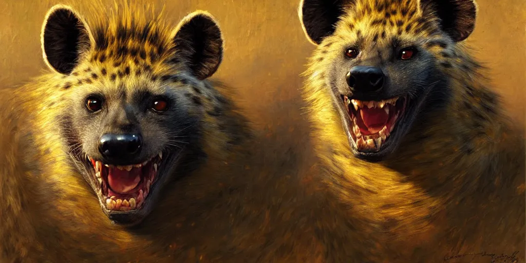 Prompt: a portrait of a hyenaman gnoll smiling looking at the viewer. highly detailed painting by gaston bussiere, craig mullins, j. c. leyendecker 8 k