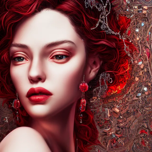 Prompt: studio portrait of absurdly beautiful, elegant, young woman made of rubies and red gems, ultrafine hyperrealistic detailed face illustration by kim jung gi, irakli nadar, intricate linework, sharp focus, bright colors, matte, octopath traveler, final fantasy, unreal engine highly rendered, global illumination, radiant light, intricate environment