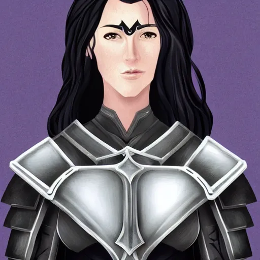 Image similar to female half-elf paladin of the raven queen in black armor with a shield, black hair, clear face, dark eyes, digital illustration