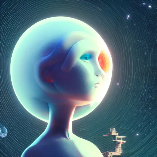 Prompt: a 3 d render of a cartoon giant moon, with 1 9 7 6 woman with floating hair, sci - fi clothes, fine facial features, beeple and james jean, aya takano color style, 8 k, super detailed, modern, 4 k, symmetrical