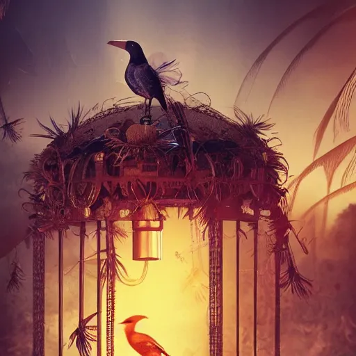 Image similar to intricate cage with bird of paradise steampunk, matte painting, cinematic, epic composition, detailed, atmospheric, wide angle, artstation trending