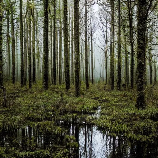 Prompt: beautiful intricate forest, swamp, rain