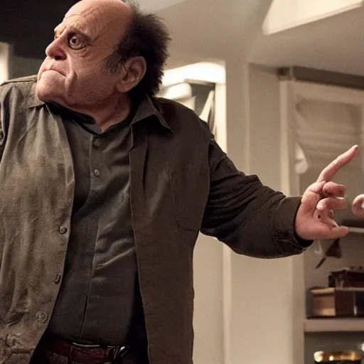 Prompt: danny devito as logan showing his adamantium claws in the movie logan