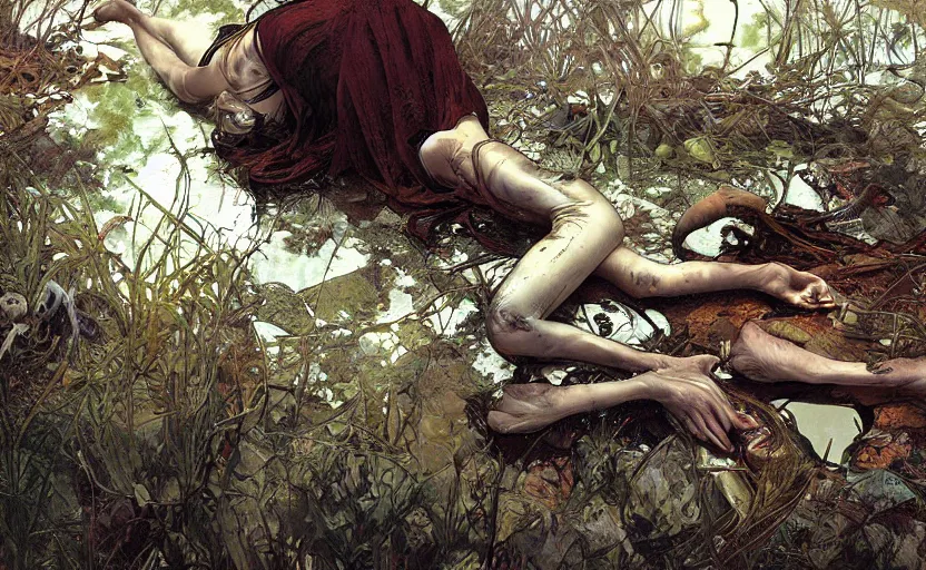 Image similar to digital painting of ovni crash swamp wasteland, alien body parts on the floor, elegant artwork by lee bermejo and greg rutkowski and alphonse mucha