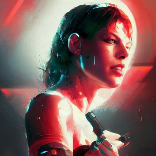 Prompt: milla jovovich portrait in the foreground of art by greg rutkowski scifi sharp neon city