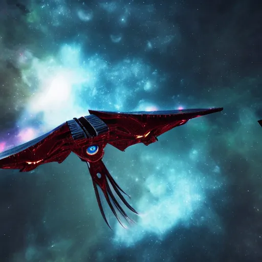 Image similar to huge klingon bird of prey in a nebula, shallow depth of field, moody lighting, single point of light, 8 k, ultra realistic, octane render,