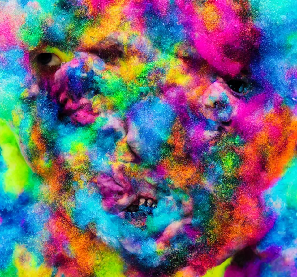 Prompt: insides of one opened human head disintegrate into a mass of coloured powder, motion blur, hyperrealistic artistic photography, realistic textures,