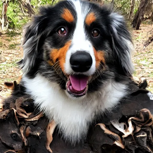 Image similar to australian shepherd on the album cover of a black metal band