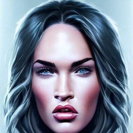 Image similar to megan fox licking her lips in anticipation, hyperrealistic portrait, photo realistic, poster, artstation, volumetric lighting, digital art, very detailed face by magali villeneuve