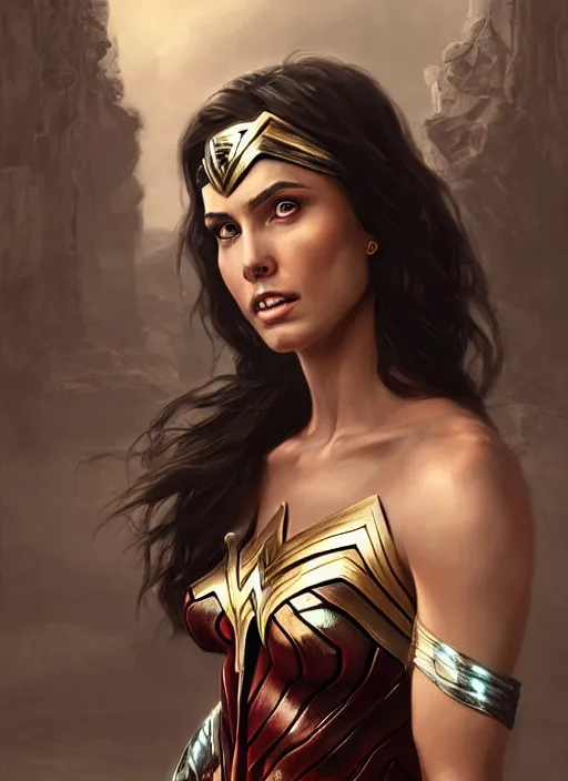 Prompt: realistic portrait painting of wonder woman, old mystic ruins, afternoon, intricate, elegant, highly detailed, digital painting, sharp, focus, by artgerm and greg rutkowski