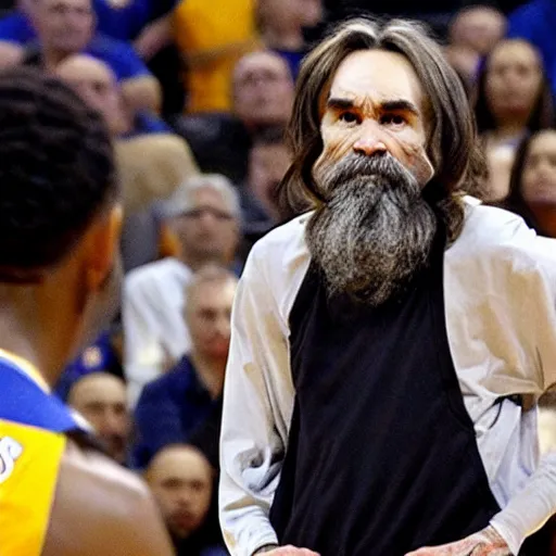 Image similar to nba television footage depicting charles manson coaching the golden state warriors