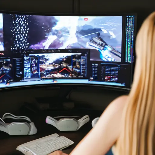 Image similar to view from behind from bed of a cute beautiful blonde woman wearing headset watching dual - monitors displaying call of duty and twitch, intricate detail, cinematic composition