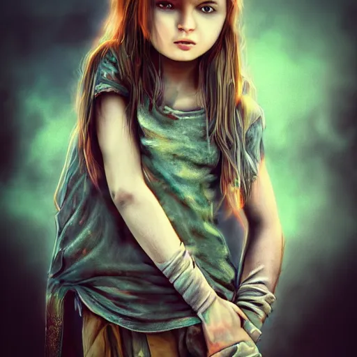 Prompt: detailed half body digital art for a game of a beautiful child wearing ragged, heavy and ruined clothes. the background is dark. dramatic camera angle