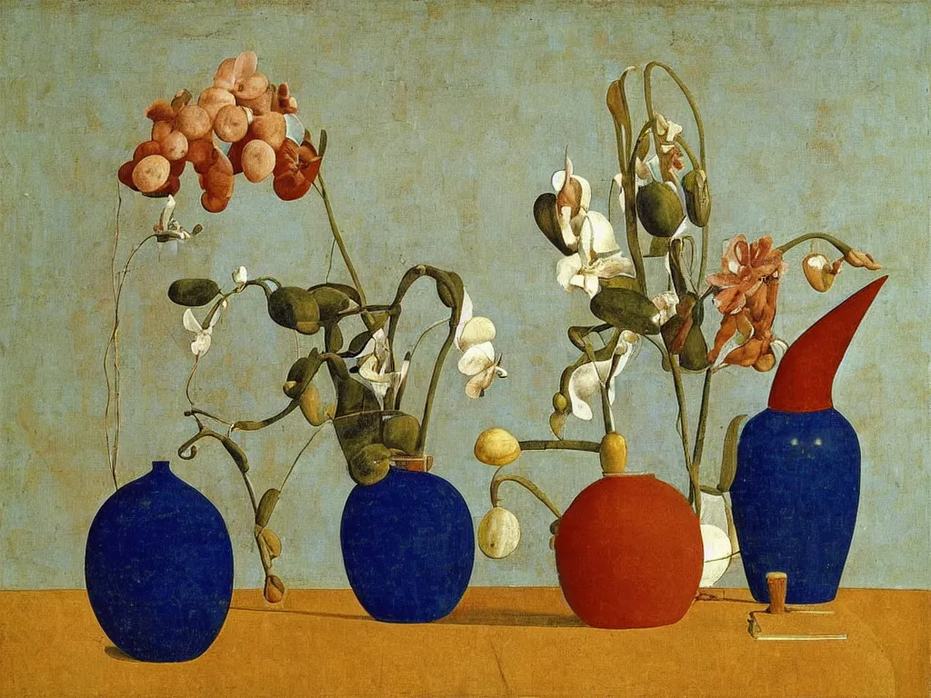 Prompt: still life with amphora, vase, seashell, orchid. lapis lazuli, malachite, cinnabar, gold. painting by piero della francesca, balthus, agnes pelton