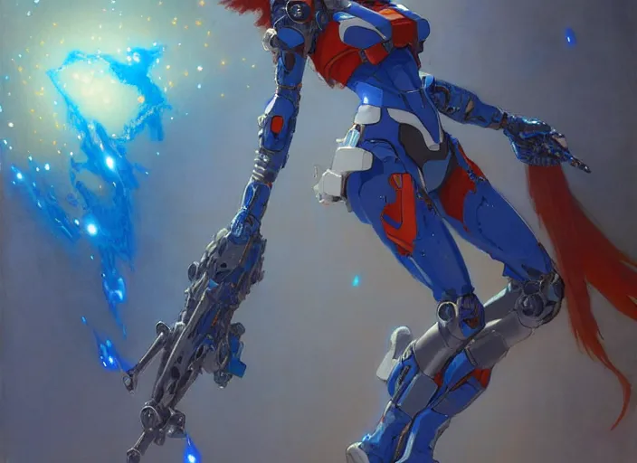 Prompt: character design digital 2 d women indian evangelion cyborg blue armor with and hologram galaxie gun by gaston bussiere, anna nikonova aka newmilky, greg rutkowski, yoji shinkawa, yoshitaka amano, tsutomu nihei, muira, moebius, donato giancola, trending on artstation, featured on pixiv