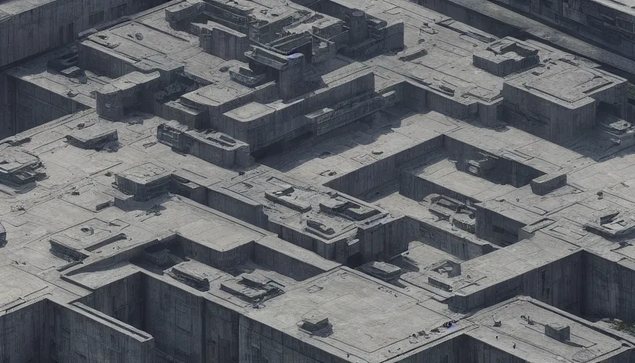 Image similar to big brutalist imperial military base on cliffs, drawing architecture, very long shot, top angle, imperial architecture in star wars, pritzker architecture prize, brutalism architecture, jan urschel, greig fraser