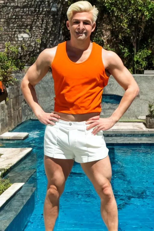 Image similar to a handsome man with blonde hair who is also a male android, ken, muscular, wearing a cut-off white crop top and short light orange shorts stands by a swimming pool, shiny skin, robotic pose