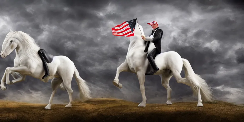 Image similar to Donald Trump riding a white horse, wide lens, diorama, 4k,