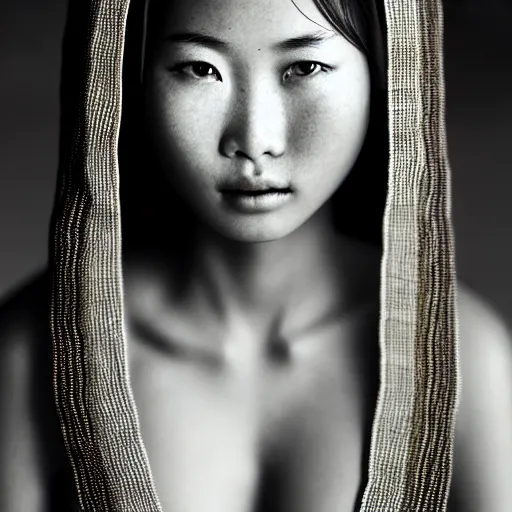 Image similar to portrait of a stunningly beautiful asian tribal female, depth of field, zeiss lens, detailed, symmetrical, centered, fashion photoshoot, by annie leibovitz and steve mccurry, david lazar, jimmy nelsson, breathtaking, 8 k resolution, extremely detailed, beautiful, establishing shot, artistic, hyperrealistic, beautiful face, octane render