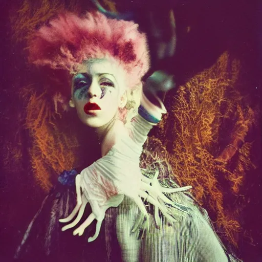 Image similar to kodak portra 4 0 0, wetplate, photo of a surreal artsy dream scene,, girl, weird fashion, grotesque, extravagant dress, carneval, animal, wtf, photographed by paolo roversi style
