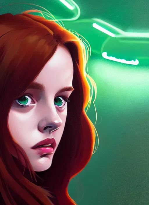 Image similar to portrait of teenage cheryl blossom, bangs, green eyes, mean expression, mischievous expression, red hair, bangs and wavy hair, bangs, intricate, elegant, glowing lights, highly detailed, digital painting, artstation, concept art, smooth, sharp focus, illustration, art by wlop, mars ravelo and greg rutkowski