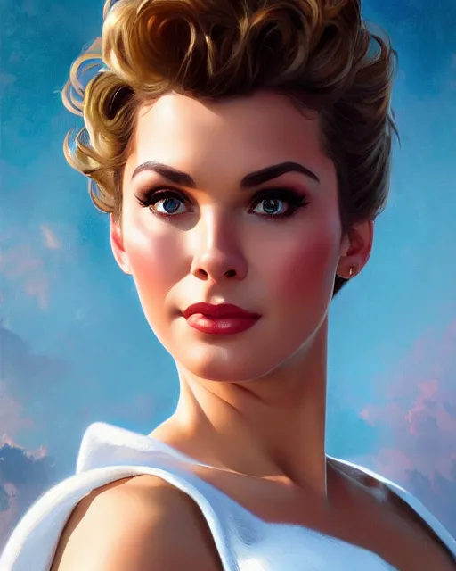Image similar to Portrait of Sandy from Grease going up to heaven, real life skin, intricate, elegant, highly detailed, artstation, concept art, smooth, sharp focus, art by artgerm and greg rutkowski and alphonse mucha