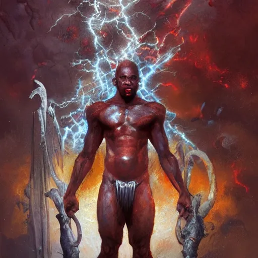 Prompt: shango, african god of thuder with electric eyes, violent thunderstorm, dim light, front game card, marvel comics, dark, intricate, highly detailed, smooth, artstation, digital illustration by ruan jia and mandy jurgens and artgerm and wayne barlowe and greg rutkowski and zdislaw beksinski, and adi granov
