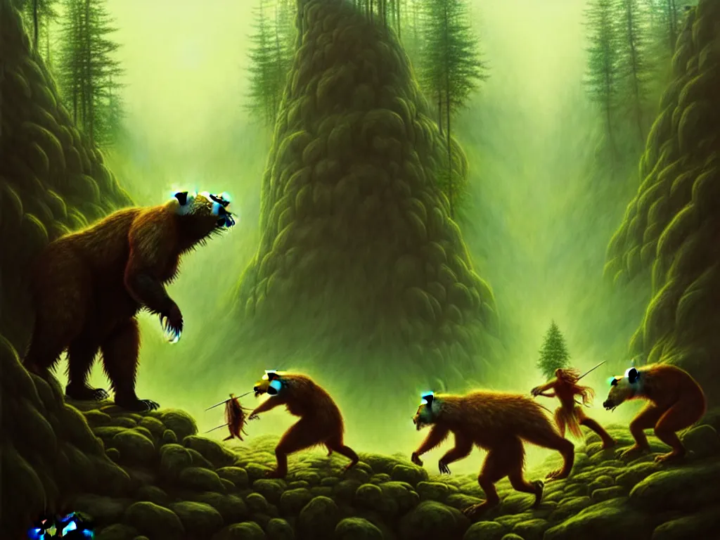 Prompt: highly detailed concept art of colossal bear fighting goblins in a middle - earth forest, an ultrafine detailed painting, trending on deviantart, neo surrealism, sharp focus, octane, masterpiece, art by anato finnstark